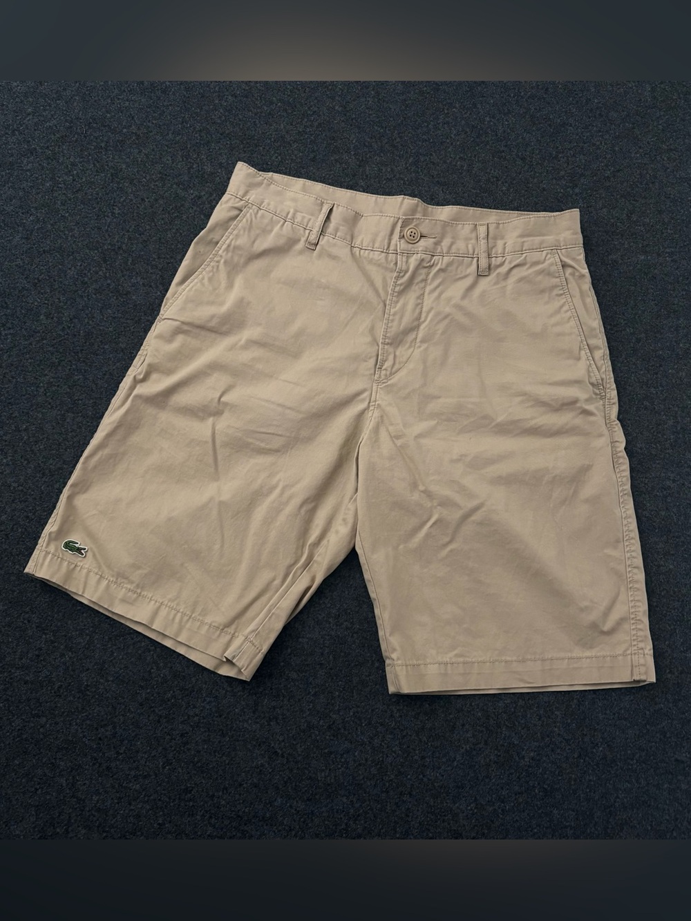 Lacoste Men’s 30-32 Khaki Flat-Front Cotton Shorts Preppy Ivy League Coastal